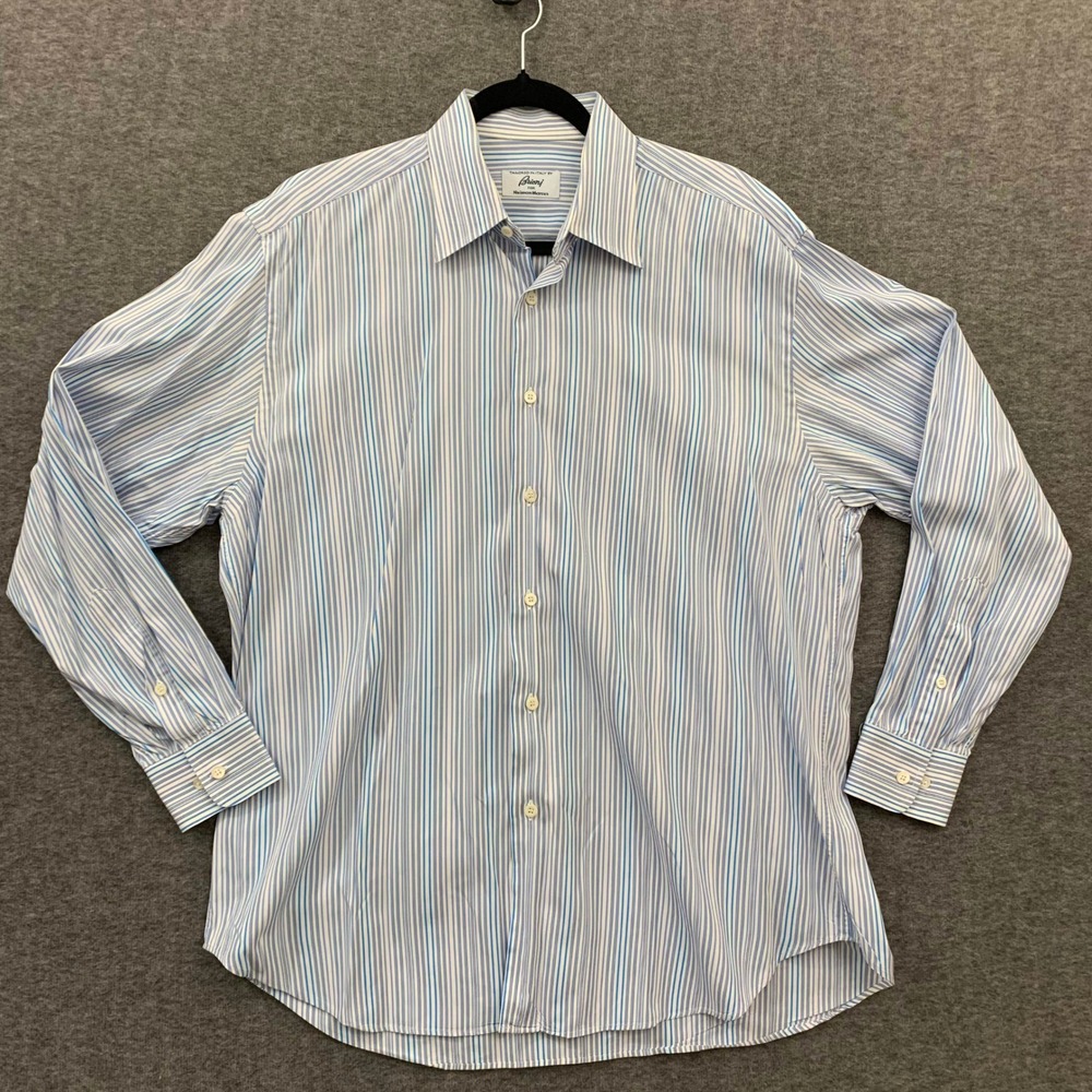 Brioni for Neiman Marcus Men Large Blue White Striped Dress Shirt Tailored Italy